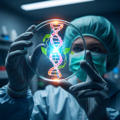 Scientist in lab holding petri dish with glowing DNA and leaves. Concept of biotechnology, gene editing, and sustainable bio-innovation.