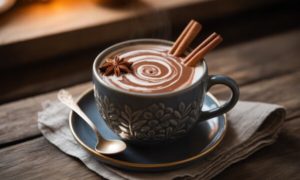 Cozy mug of hot chocolate, swirling cream, cinnamon sticks, and star anise