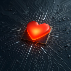 Glowing red heart on microchip with circuit board lines. Concept of emotional AI, human emotion in technology, and futuristic digital love.