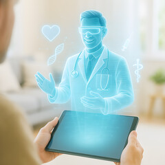 Holographic doctor emerging from tablet with medical icons. Concept of futuristic telemedicine, virtual healthcare, and digital consultation.