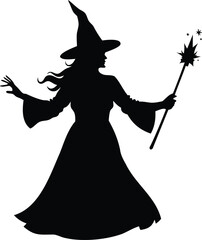 Silhouette of a charming witch casting spells with a magic wand