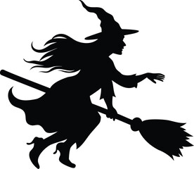 Silhouette of a witch flying on a broomstick against a white background