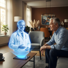 Senior man talking to hologram doctor via digital tablet at home. Futuristic telemedicine and remote healthcare technology concept.