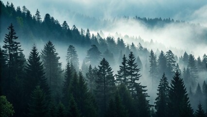 Obraz premium Mysterious foggy forest landscape with towering pine trees shrouded in ethereal morning mist creating a dramatic and atmospheric scene