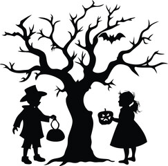 Halloween Night Silhouette of Children with Tree, Bat and Pumpkin