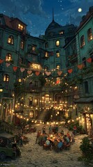 Obraz premium Heartwarming Community Gathering Scene at Night with Soft Lights