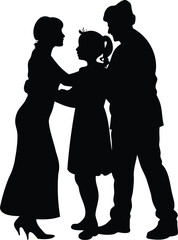 Silhouette of a family hugging, including mom, dad, and young daughter