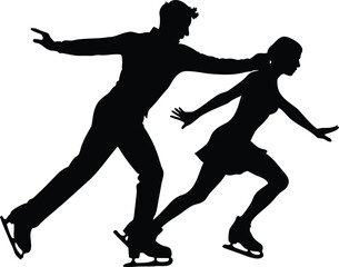 Silhouette of an ice dancing couple gliding and performing on ice