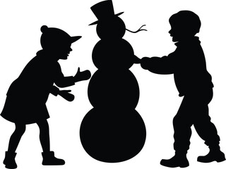 Silhouette of children making a snowman with a hat and carrot nose