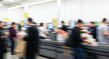 Busy supermarket checkout line.