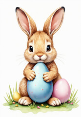 Bunny Rabbit Holding Easter Egg with Additional Eggs and Grass