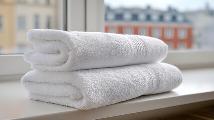 Neatly Folded White Towels on a Bright Window Sill