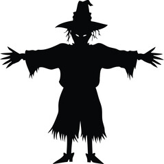 Silhouette of a spooky scarecrow standing with outstretched arms on white background
