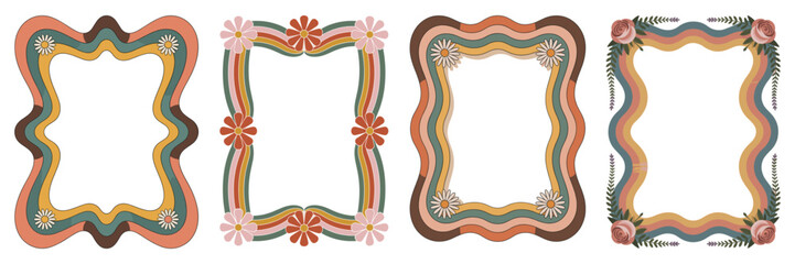 Set of retro frames with groovy flowers in mid Century modern color palette. Vector flat illustrations isolated on transparent background
