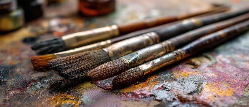 The Collection of Paintbrushes on an Artist's Colorful Palette