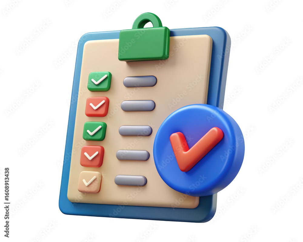 Poster 3d rendering of clipboard checklist with check marks and validation concept shows task completion an