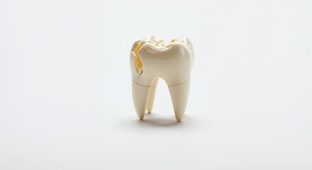 Broken plastic vampire tooth on white background in flat lay with soft shadow and bright lighting