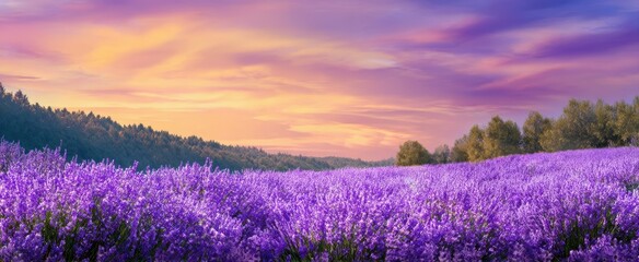 The beautiful lavender field bathed in soft sunset light and vibrant colors.