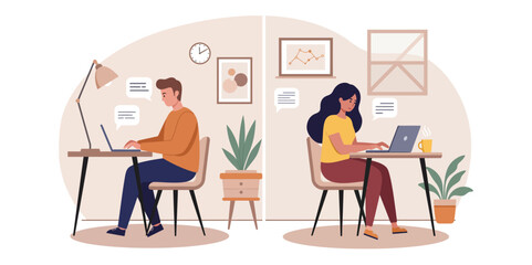Fototapeta premium Man and woman working on laptops at desks in separate rooms with plants and artwork illustration flat design
