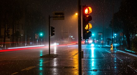 Fototapeta premium Blinking yellow traffic light in rainy night cityscape with reflections and umbrellas in background