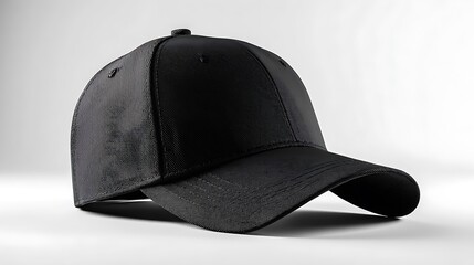 Black baseball cap isolated on plain white background with soft shadows and clean edges