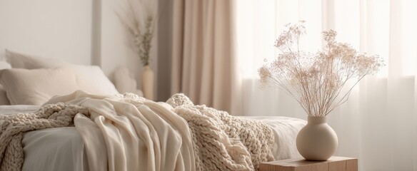 The serene bedroom with elegant floral arrangement and soft textiles.