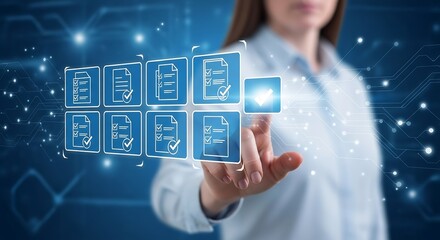 Digital Document Workflow Automation: Woman Interacting with Virtual Checklist Interface on Futuristic Blue Background Illustration
