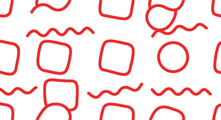 Seamless flat image of red wiggly square line, circle line doodle