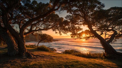 Morning glow rises over trees with ocean horizon shimmering in soft early light