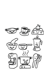 Cute kawaii doodle set of icons and elements with objects