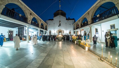 Celebrazione della Pasqua ortodossa in Grecia: fedeli in preghiera davanti alla chiesa bizantina con cupola durante la cerimonia religiosa tradizionale
