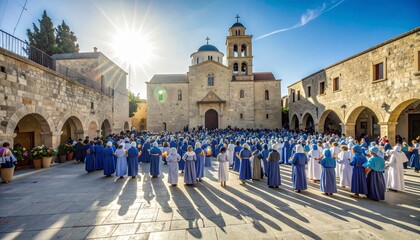 Celebrazione della Pasqua ortodossa in Grecia: fedeli in preghiera davanti alla chiesa bizantina con cupola blu durante la cerimonia religiosa tradizionale