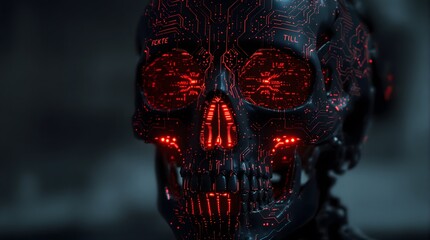 Stunning futuristic skull with glowing red circuits symbolizing technology, danger, and AI takeover