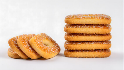 Golden brown sugar coated biscuits stacked neatly, isolated on white background