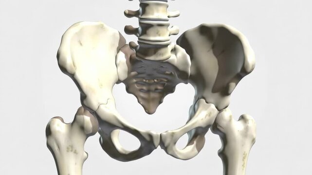 Animated anatomical pelvic bone structure with spine on a neutral background, concept for medical education, anatomical study and surgical training.