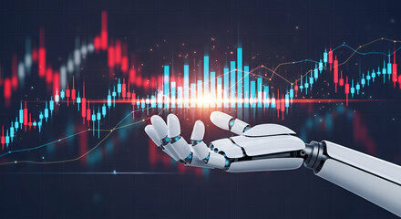 Robotic hand presenting dynamic financial data visualization, showcasing market trends and technological influence on investment.