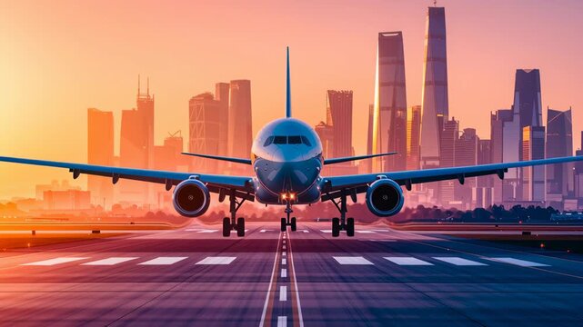 Passenger Airplane Landing on Runway with Vibrant City Skyline at Sunset, Creating Dramatic and Colorful Scene