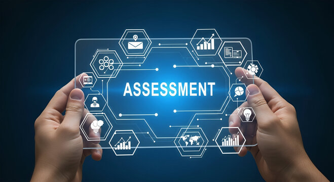 Human hands holding a digital screen with the word "ASSESSMENT" and various icons.