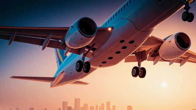 Commercial Airplane Takeoff from Runway Against City Skyline at Sunset Showcasing Vibrant Urban Aviation Scene