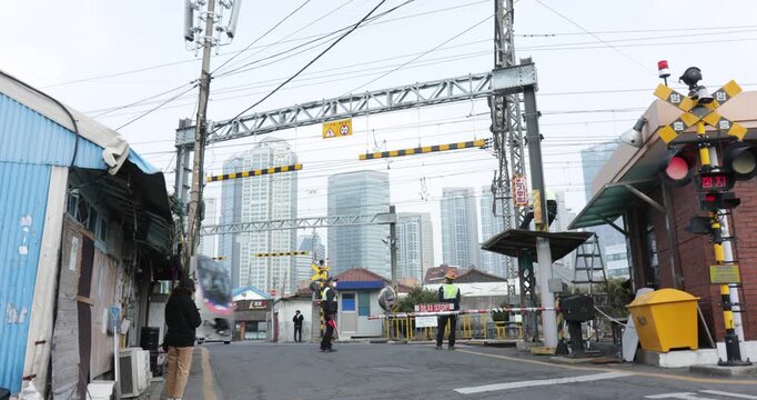 Rail crossing in central Seoul, Yongsan, South Korea