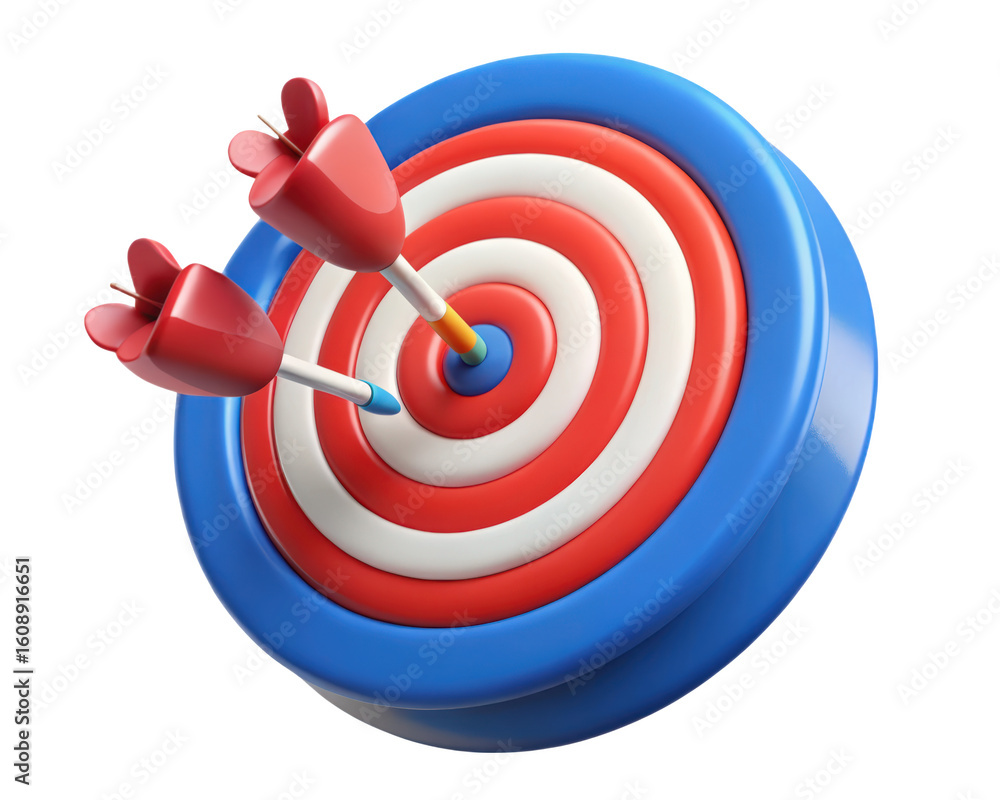 Poster red and white target with two darts hitting bullseye representing success in business and marketing 