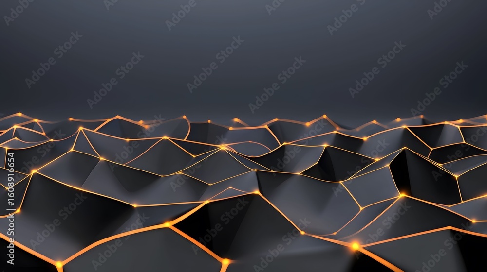 Poster the image shows a stylized 3d landscape with dark, polygonal shapes highlighted by interconnected gl