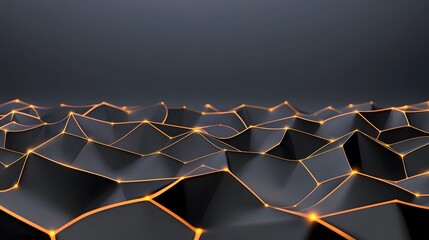 The image shows a stylized 3D landscape with dark, polygonal shapes highlighted by interconnected glowing orange lines, set against a plain dark background evoking modern design aesthetic.