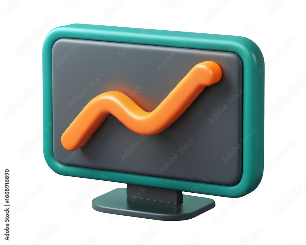 Poster stylized computer screen displaying a rising orange line graph for business growth and financial per
