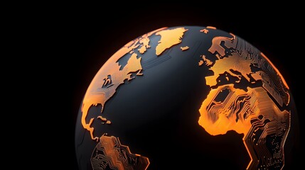The image shows a futuristic, dark globe design, with circuitry-like patterns illuminating the continents in a bright, orange hue against a stark black background.