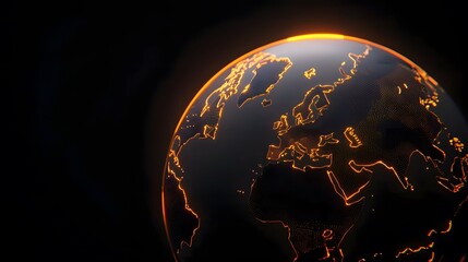 The digital image shows a globe featuring a black background with a glowing orange map of the world, focusing on Europe, Asia and Africa, giving a modern & futuristic vibe.