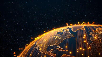 The image shows a beautiful, glowing representation of the Earth with North America prominently visible, against a backdrop of twinkling stars in a dark sky.