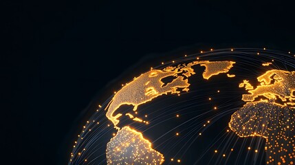 The image displays a digital representation of Earth with continents outlined in bright orange dots and interconnected by glowing lines, set against a dark background.