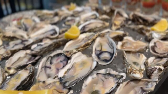 Detailed close-up of fresh opened oysters showcasing moist texture and shiny shells in a rustic setting.
