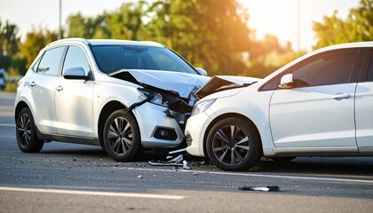 Fototapeta premium Cars involved in a dangerous collision accident cars crash on a road, debris scattered across the asphalt. Suitable for marketing or business purposes